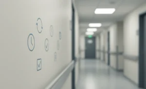 Hospital corridor with subtle digital elements representing Healthcare Digital Transformation for IT Efficiency and improved workflow.