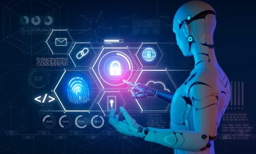 Cybersecurity cybercrime internet scam business, Cyber security platform privacy protection 3D AI robot safety icon, computer virus attack defense